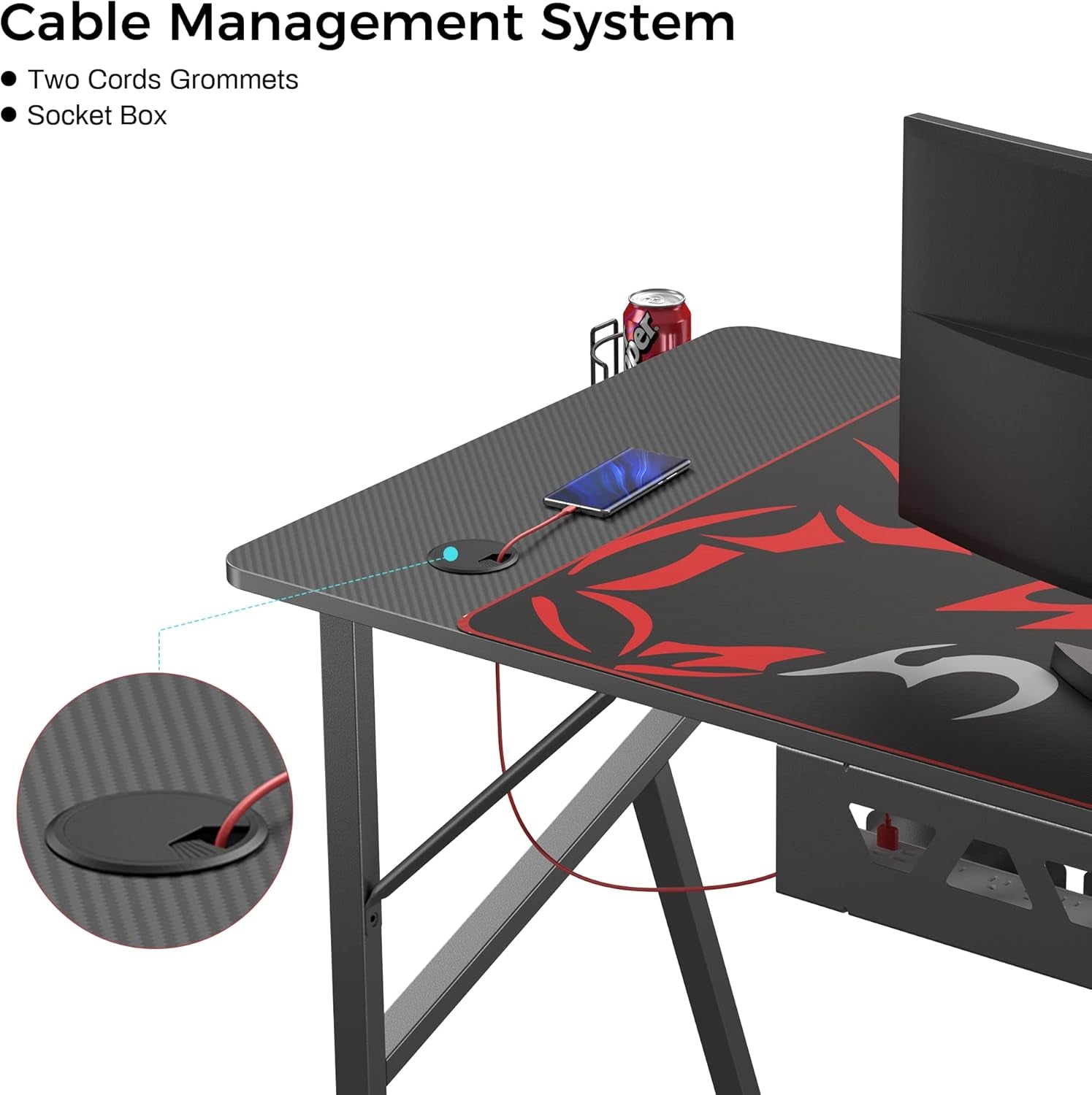 Gaming Desk 47 Inch, K Shaped Home Office PC Computer Desk Table for Gamer with Cable Management, Game Controller Stand, Cup Holder, Headphone Hook, Free Mouse Pad, Carbon Fiber Black