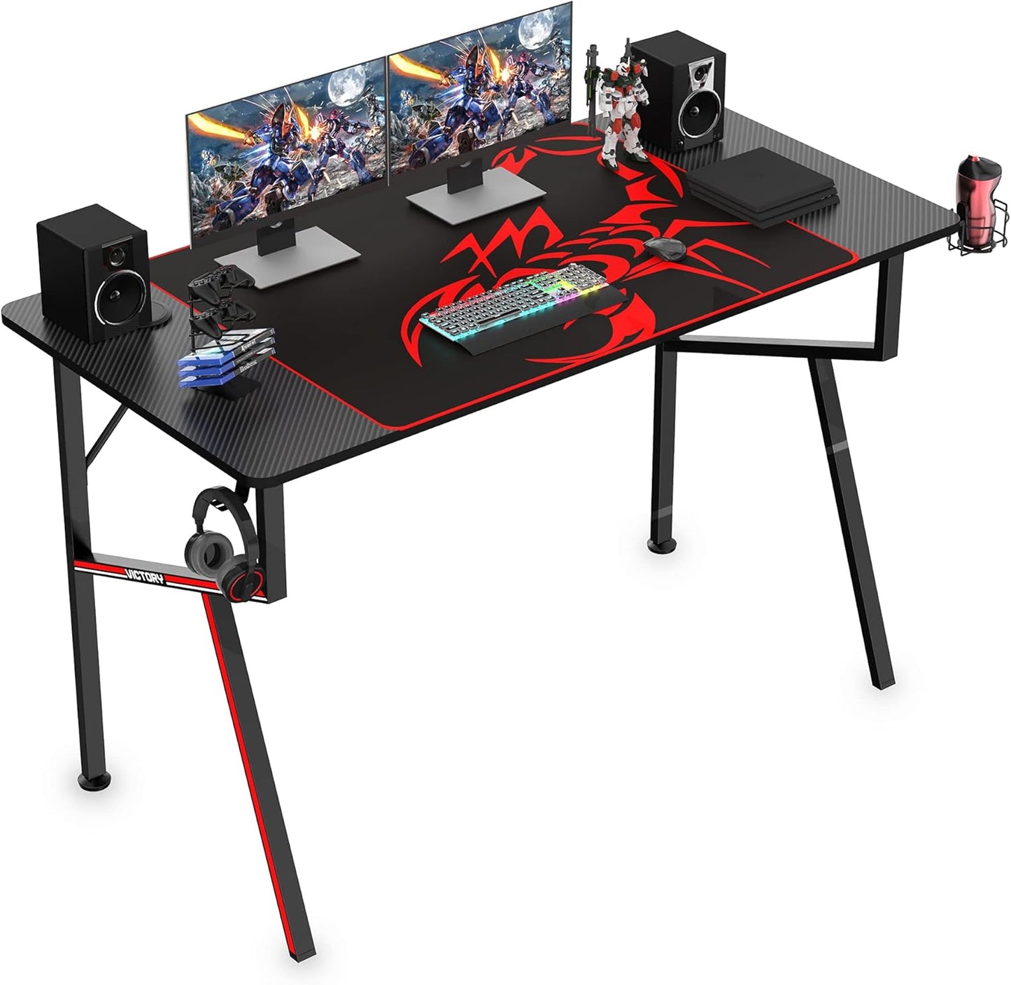 Gaming Desk 47 Inch, K Shaped Home Office PC Computer Desk Table for Gamer with Cable Management, Game Controller Stand, Cup Holder, Headphone Hook, Free Mouse Pad, Carbon Fiber Black